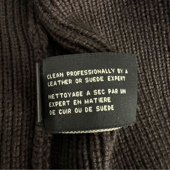 Cole Haan Mens Chocolate Brown Wool Cardigan Sweater XL Full Zip Leather Trim - Picture 10 of 10